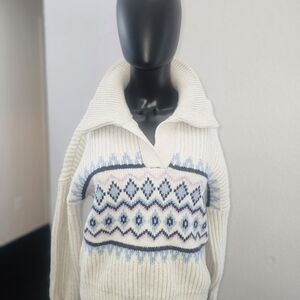 Cream Knit Pullover Sweater with Patterned Front